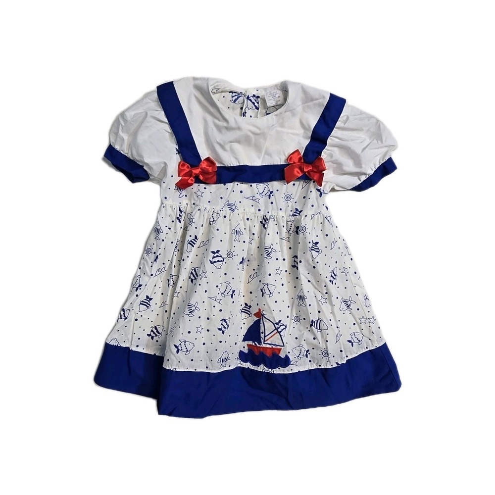 Vintage Girls Dress 3 T Nautical Boats Fish Print Collared